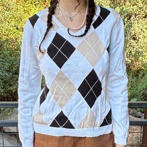 Vintage IZOD Golf Women's sweater, White w Argyle pattern, Size M, 100% Cotton